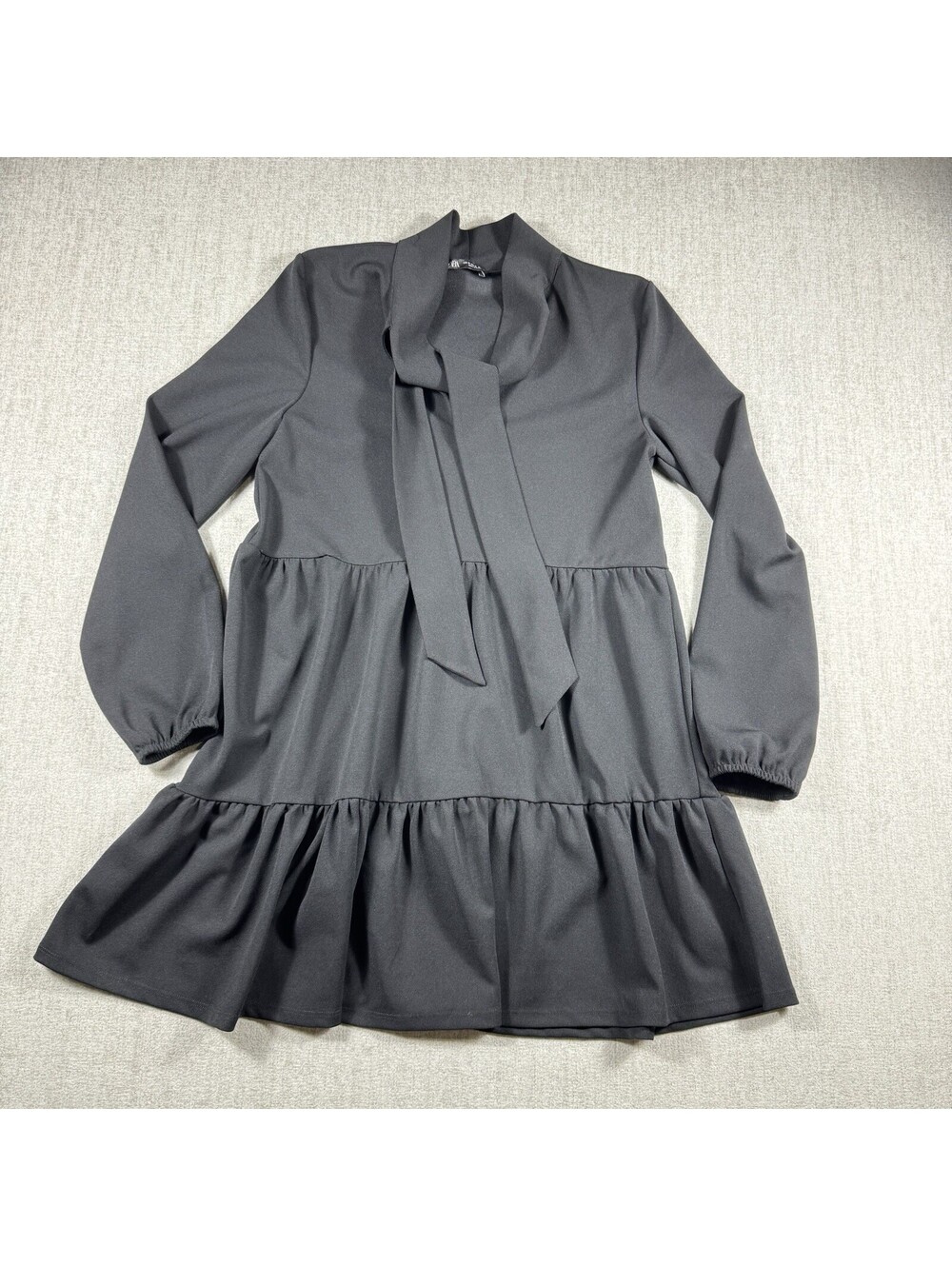 ZARA Tiered Baby Doll Dress Women's Size Medium Black Tie Front